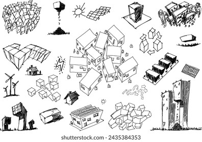 hand drawn architectural sketches of urban ideas and city structures and parts of the city and architecture and fantastic buildings and photovoltics and alternative energy ideas