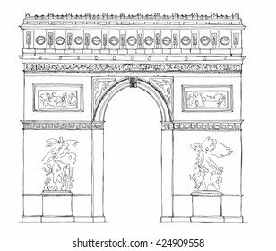 Hand drawn architecture sketch of Arc de Triomphe - Triumphal Arch - Paris France vector