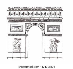 Hand drawn architecture sketch of Arc de Triomphe - Triumphal Arch - Paris France colored vector