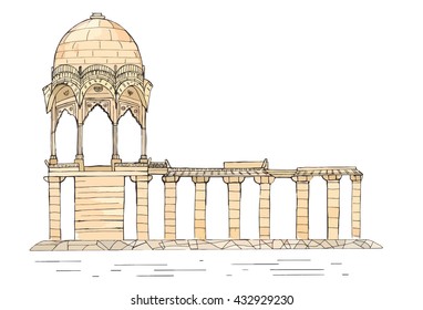 Hand drawn architecture sketch illustration of temple Gadi Sagar - Gadisar - lake in Jaisalmer, North India colored vector