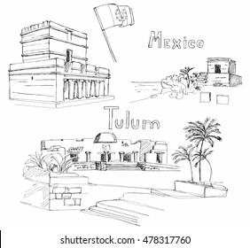 Hand drawn architecture sketch illustration of Tulum Mexico landmarks set with country flag and lettring vector