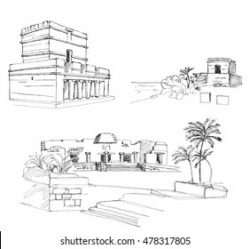 Hand drawn architecture sketch illustration of Tulum Mexico landmarks set vector