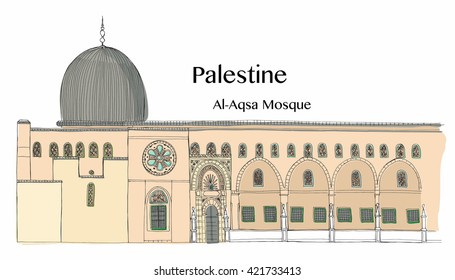 Hand drawn architecture sketch of Jerusalem Al-Aqsa Mosque in Old City with lettering Palestine Al-Aqsa Mosque colored vector