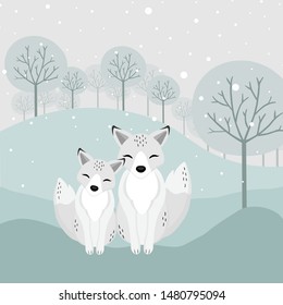 Hand drawn Arctic Fox and baby in the winter.