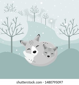 Hand drawn Arctic Fox and baby in the winter.