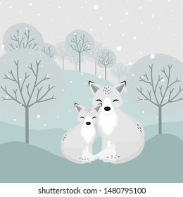 Hand drawn Arctic Fox and baby in the winter.