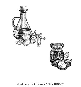 Hand drawn argan oil. Extract of plant. Retro isolated sketches. Vintage collection. Linear graphic design. Black and white image. Vector illustration.