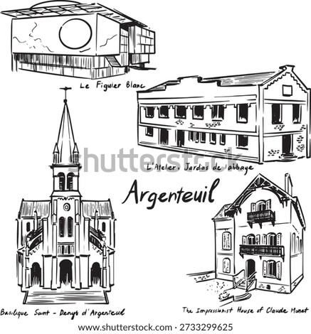Hand Drawn Argenteuil Landmarks Illustration Featuring Le Figuier Blanc, L’Atelier Jardins de l’Abbaye, Basilique Saint Denys d’Argenteuil and the Impressionist House of Claude Monet