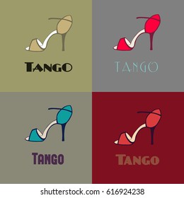 Hand drawn argentine tango dancing shoes poster with alternatively colored set of women's shoes in vintage colors; with word tango. Postcard, milonga invitation, flyer for tango school or festival.