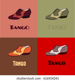 Hand drawn argentine tango dancing shoes poster with alternatively colored set of men's shoes in vintage colors; with word tango. Postcard, milonga invitation, flyer for tango school or festival.