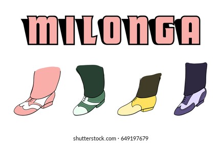 Hand drawn argentine tango milonga poster with men legs in dancing shoes, with text. Isolated objects, vector. Design concept for milonga invitation, promo materials for tango festival.