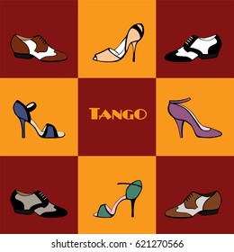 Hand drawn argentine tango poster with dancing shoes  men's and women's, on a tiled background, in vintage colors; with word tango. Postcard, milonga invitation, flyer for tango school or festival.