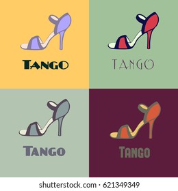Hand drawn argentine tango poster with alternatively colored set of dancing women's shoes in vintage colors. Postcard, milonga invitation, flyer for tango school or festival.