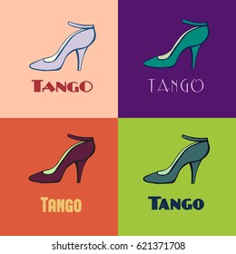 Hand drawn argentine tango poster with alternatively colored set of dancing women's shoes in vintage colors. Postcard, milonga invitation, flyer for tango school or festival.