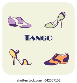 Hand drawn argentine tango poster with dancing shoes for men, women, in vintage colors, with text. Isolated objects, vector. Postcard, milonga invitation, promo materials for tango school or festival.