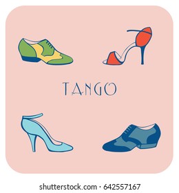 Hand drawn argentine tango poster with dancing shoes for men, women, in vintage colors, with text. Isolated objects, vector. Postcard, milonga invitation, promo materials for tango school or festival.