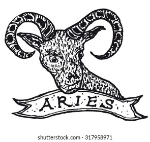 Hand drawn Aries horoscope sign with banner/
Illustration of a hand drawn Aries horoscope sign with banner