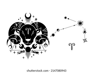 Hand drawn Aries zodiac sign isolated clipart on white, unique astrology symbol and constellation, mystical horoscope sign in black silhouette, modern vector