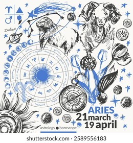 Hand drawn aries zodiac sign illustration, horoscope background with astrology symbols and talismans. Zodiac wheel, planets, sun, moon, star constellations.
