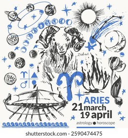 Hand drawn aries zodiac sign illustration, horoscope background with astrology symbols and talismans. Zodiac design, planets, sun, moon, star constellations.
