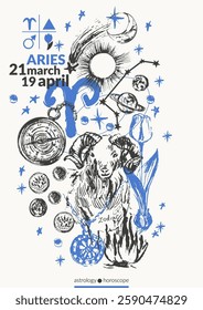 Hand drawn aries zodiac sign illustration, horoscope background with astrology symbols and talismans. Zodiac design, planets, sun, moon, star constellations.
