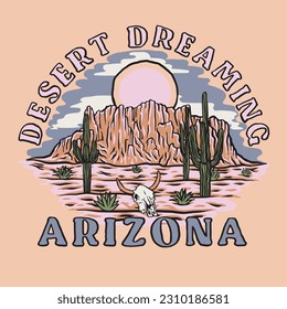 HAND DRAWN ARIZONA DESERT AMERICAN VINTAGE TRAVEL DESTINATION CUTE SWEET HOLIDAY CACTUS TEE PRINT FOR APPAREL MERCHANDISE