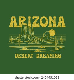 HAND DRAWN ARIZONA DESERT DREAM LANDSCAPE CACTUS AMERICA TRAVEL DESTINATION SUMMER VACATION VINTAGE TSHIRT TEE PRINT FOR APPAREL MERCHANDISE