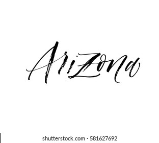 Hand drawn Arizona postcard. Ink illustration. Modern brush calligraphy. Isolated on white background.