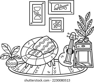 Hand Drawn Armchair with guitar and plant interior room illustration isolated on background