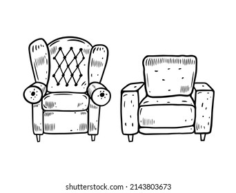 Handgezeichnete Doodle leicht Stuhl Set. Skizze mit schwarzer Umrisslinie, Vektorgrafik. Einzeln auf weißem Hintergrund.