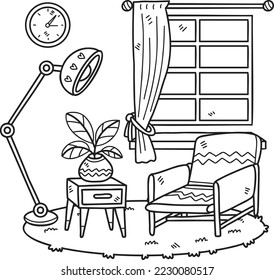 Hand Drawn Armchair with plants and lamp on carpet interior room illustration isolated on background