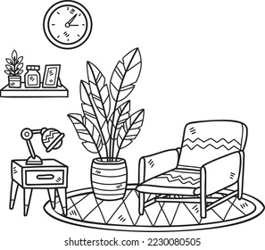 Hand Drawn Armchair with plants and shelves interior room illustration isolated on background