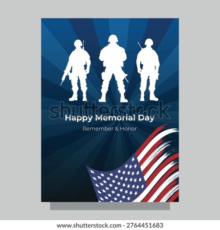 Hand drawn army soldiers greeting card for Memorial Day. Patriotic illustration with military silhouettes in different poses, symbolizing honor, courage and remembrance