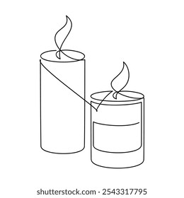 Handgezeichneter Aroma-Kerzen-Vektor. Endloszeichnung der Linie. Lineares Symbol, Druck, Banner, Karte, Poster, Broschüre, Minimale Skizze, Doodle-Illustration, Umrisslogo, Zeichen, Symbol, Weihnachtsschmuck, Dekor