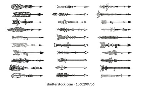 Hand drawn arrow. Abstract elements. Set of different arrows. Black and white illustration