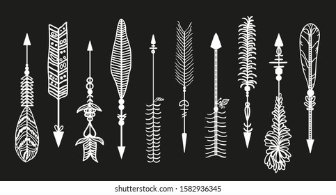 Hand drawn arrow. Abstract elements. Set of different arrows. Black and white illustration