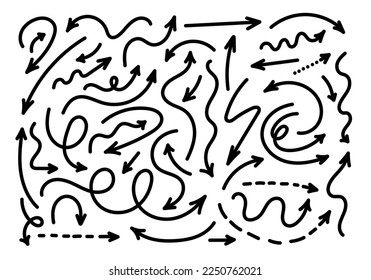 Hand gezeichnete Pfeilpfeile Zeigerlinien doodle scrible schwarze Linie Skizze Set Vektorgrafik
