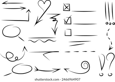 Hand drawn arrow, brush stoke, speech bubble, line, exclamation mark, question mark no background