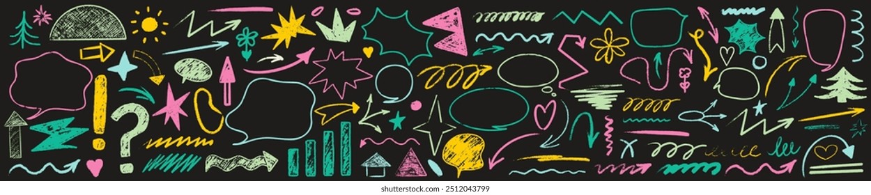 Hand drawn arrow and bubble scribble crayon set. Squiggle, scratch doodle kid arrow star set. Crayon scratch texture shape children kid naive. Vector illustration