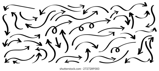 Colección de flecha dibujada a mano para proyectos de diseño, elementos de infografía, presentaciones creativas. Dibujado a mano doodle flechas set sketch flecha arriba izquierda, derecha, curva, abajo. Ilustración vectorial aislada sobre fondo blanco. 