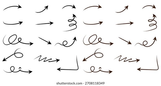 Elementos direccionales dibujados a mano del estilo del doodle de la colección de la flecha para el diseño y los proyectos creativos en fondo transparente