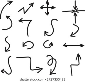 Colección de flecha dibujada a mano con direcciones curvas rectas y en bucle en estilo de boceto perfecto para diagramas de infografía presentaciones anotaciones Elementos de interfaz de usuario aislados sobre fondo blanco