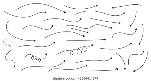Hand drawn arrow collection. Collection of line arrows. Set simple curved hand drawn arrows. Collection of pointers.