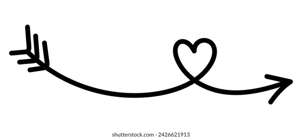 Hand drawn arrow creates a heart. Arrow for design. Vector illustration isolated on white background.