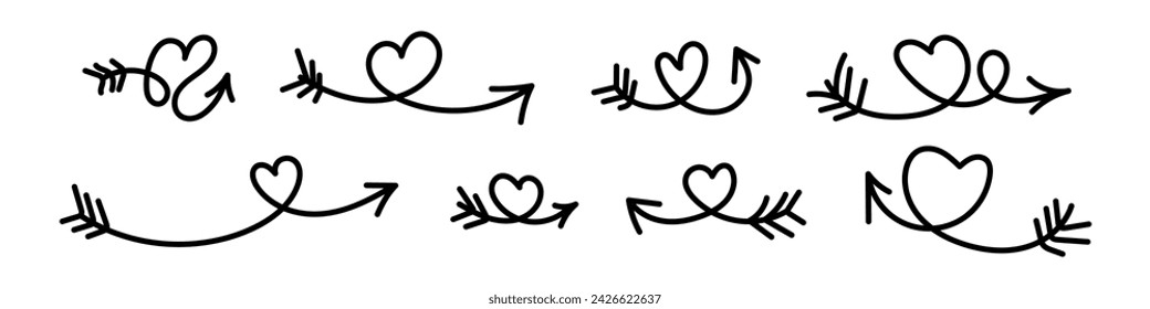 Hand drawn arrow creates a heart. Set of arrows for design. Vector illustration isolated on white background.