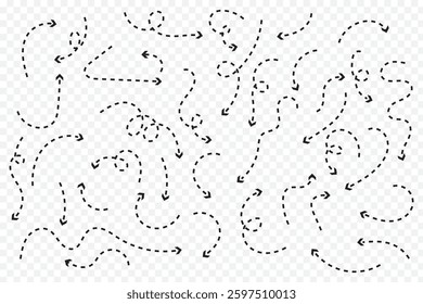 Hand drawn arrow dash dot line doodle vector set. Dashed hand drawn curved vector arrows icons.