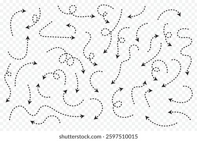 Hand drawn arrow dash dot line doodle vector set. Dashed hand drawn curved vector arrows icons.