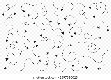 Hand drawn arrow dash dot line doodle vector set. Dashed hand drawn curved vector arrows icons.
