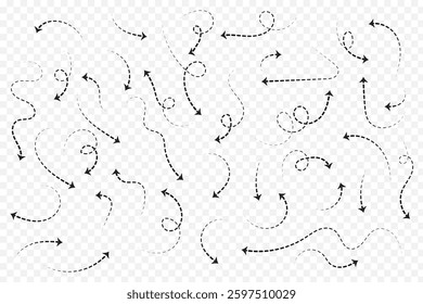 Hand drawn arrow dash dot line doodle vector set. Dashed hand drawn curved vector arrows icons.