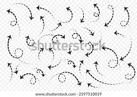 Hand drawn arrow dash dot line doodle vector set. Dashed hand drawn curved vector arrows icons.